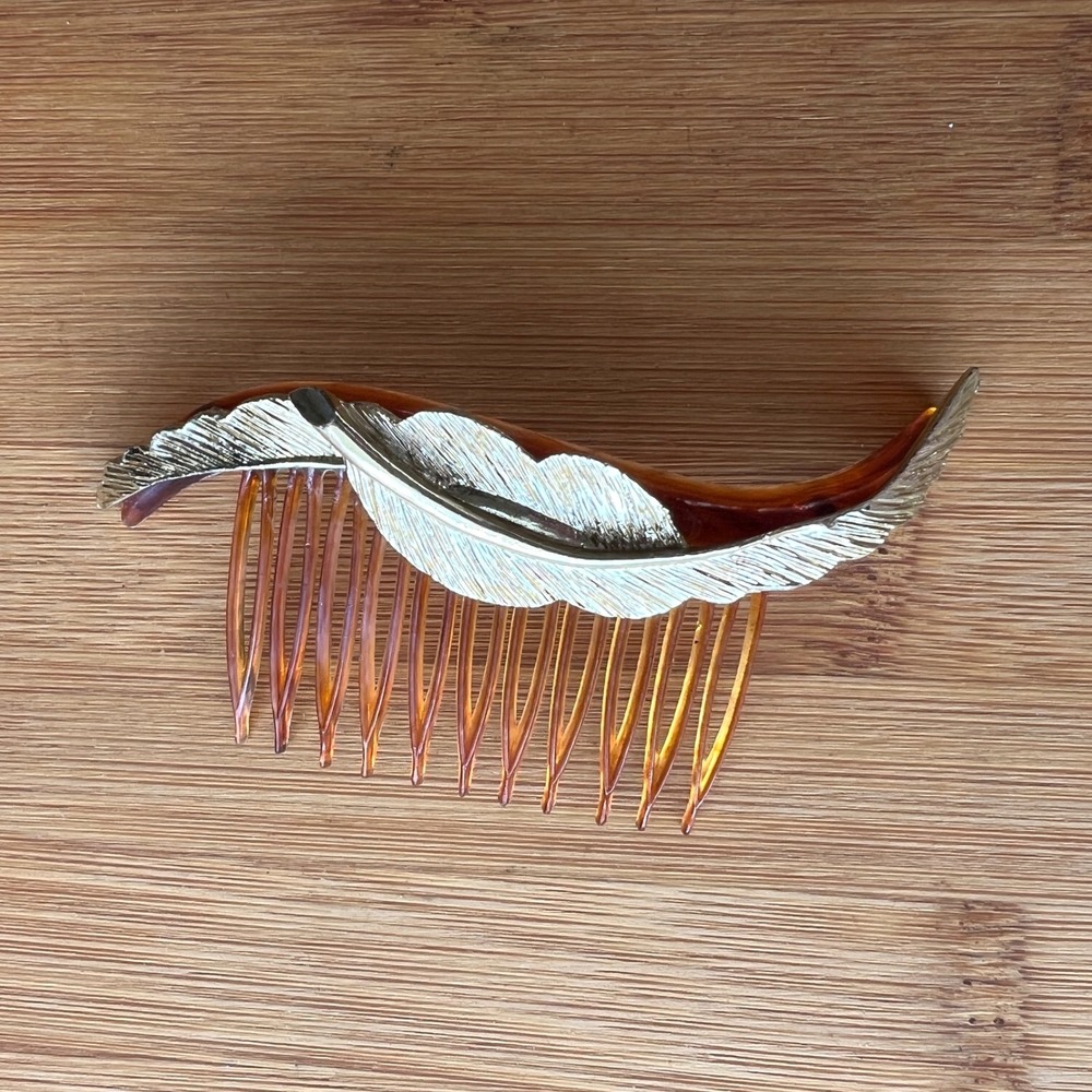 Vintage Gold Tone Feather Hair‎ Comb Tortoiseshell Curved Side Comb 4 Inch